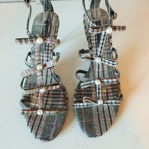 Zara Multicolor Plaid Sandals with Pearl Accents